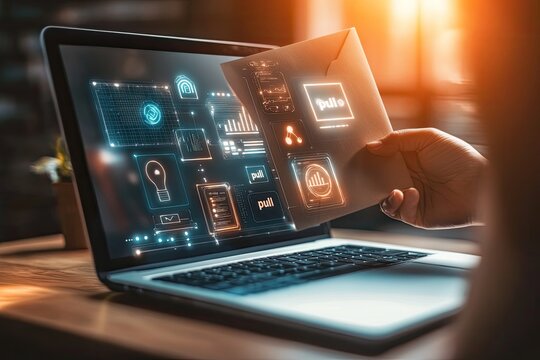 Laptop displaying email interface, hand holding envelope