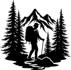 Lone Hiker in Mountain Forest Landscape Silhouette vector