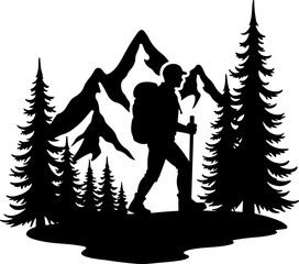 Lone Hiker in Mountain Forest Landscape Silhouette vector