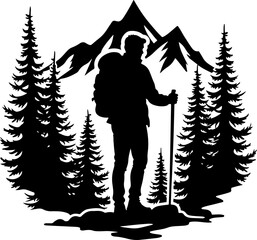 Lone Hiker in Mountain Forest Landscape Silhouette vector