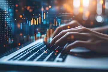 Close-up of hands typing on a laptop, overlaid with financial data