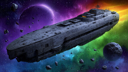 Spaceship in space flying over planets and meteorites
