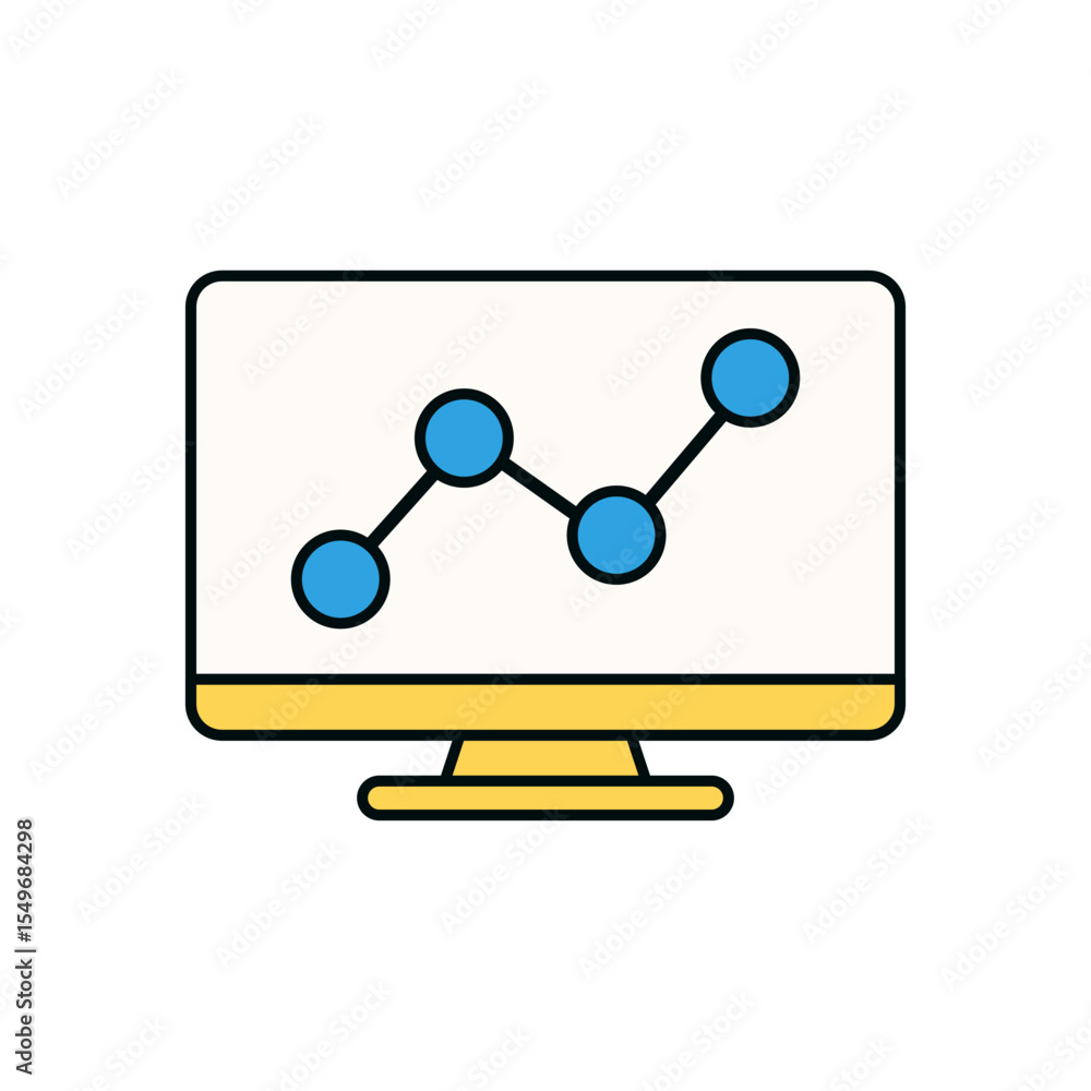 Poster analytics dashboard icon with rising chart and dots on screen in modern digital flat style