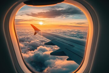 Airplane window view of sunset over clouds