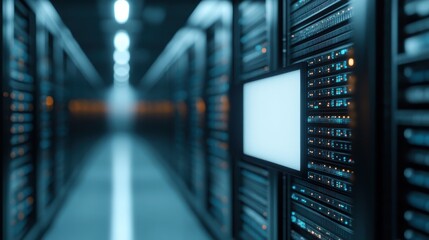 A sleek server room showcases rows of server racks filled with blinking lights, emphasizing the importance of data storage and technology in today's digital landscape.