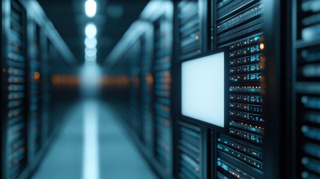 A sleek server room showcases rows of server racks filled with blinking lights, emphasizing the importance of data storage and technology in today's digital landscape.