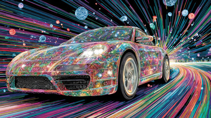 Cars driving at high speed in colored light beams