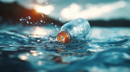 An environmentally impactful image shows a plastic bottle floating on water, highlighting the urgent need for marine conservation and the significance of reducing waste.