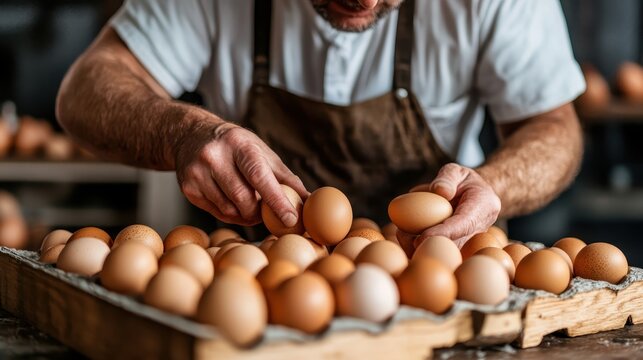 A dedicated worker inspects and sorts fresh eggs, ensuring quality and freshness while showcasing the importance of attention to detail in food processing.