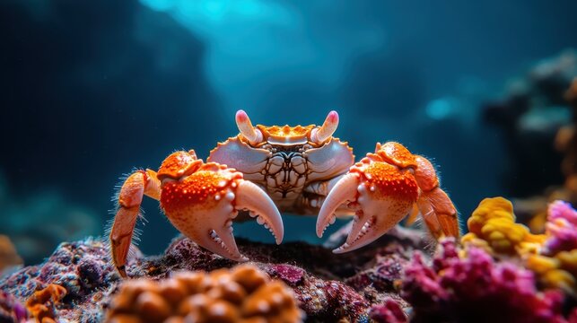 A stunning underwater shot of a crab surrounded by colorful coral, highlighting the beauty and diversity found in marine ecosystems beneath the surface.