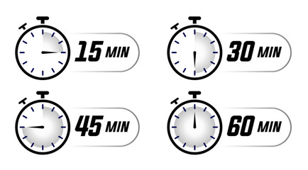 Set of stopwatch icons showing time intervals from 15 to 60. Minimal design with partial fill indicating time. Perfect for timers, fitness apps, and countdown graphics. Stopwatch, icons, vector