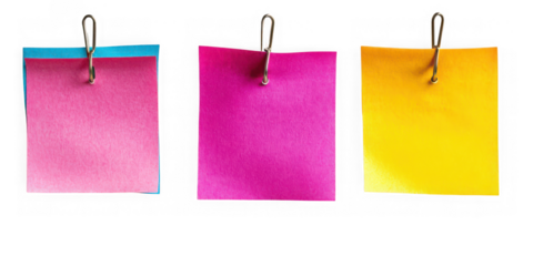 Three colorful sticky notes hanging from metal  on transparent background