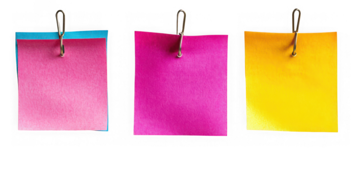 Three colorful sticky notes hanging from metal  on transparent background