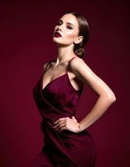 Fototapeta premium Elegant woman with brunette hair wea a stylish burgundy sleeveless dress posing against deep red background for fashion portrait