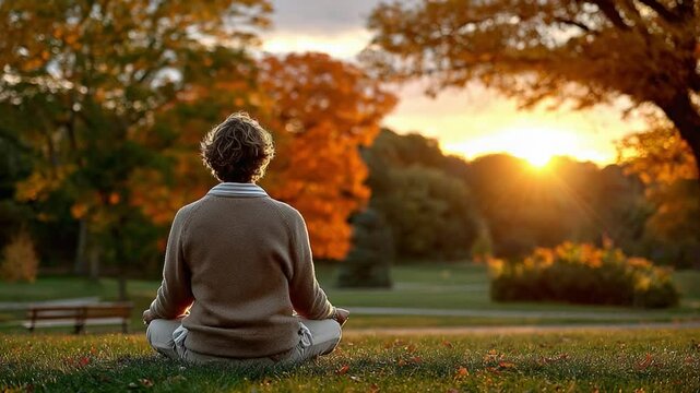 Serene Meditation: A person finds solace in the quiet of nature, practicing mindful meditation with a picturesque sunset backdrop. The scene conveys the harmony of inner peace with natural beauty.