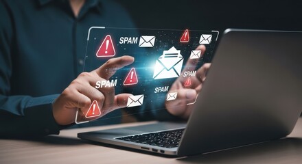 Photo of a businessmans hands hover over a laptop screen displaying multiple spam email warnings