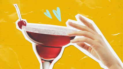 A hand stretches towards a crimson cocktail glass adorned with a cherry, set against a lively...
