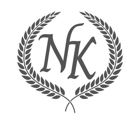 Initial letter N and K, NK monogram logo design with laurel wreath. Luxury calligraphy font.