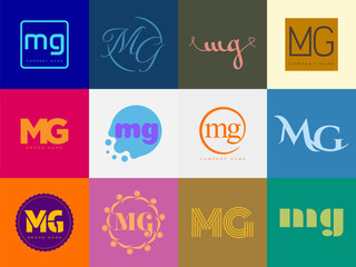 MG logo company template. Letter m and g logotype. Set different classic serif lettering and modern bold text with design elements. Initial font typography.