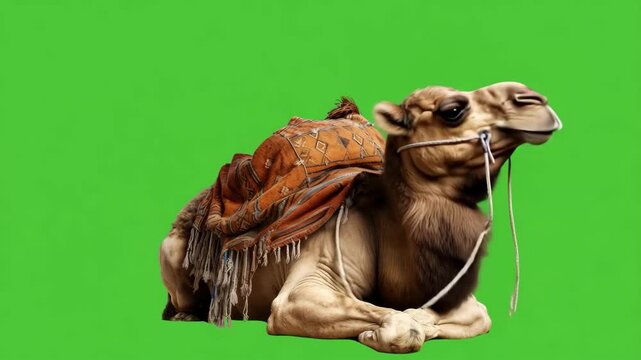 Resting Camel with Saddle Blanket on Green Screen