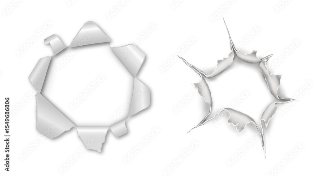 Aufkleber shattered paper openings: two dynamic rips with peeling edges and scattered fragments, offering vers