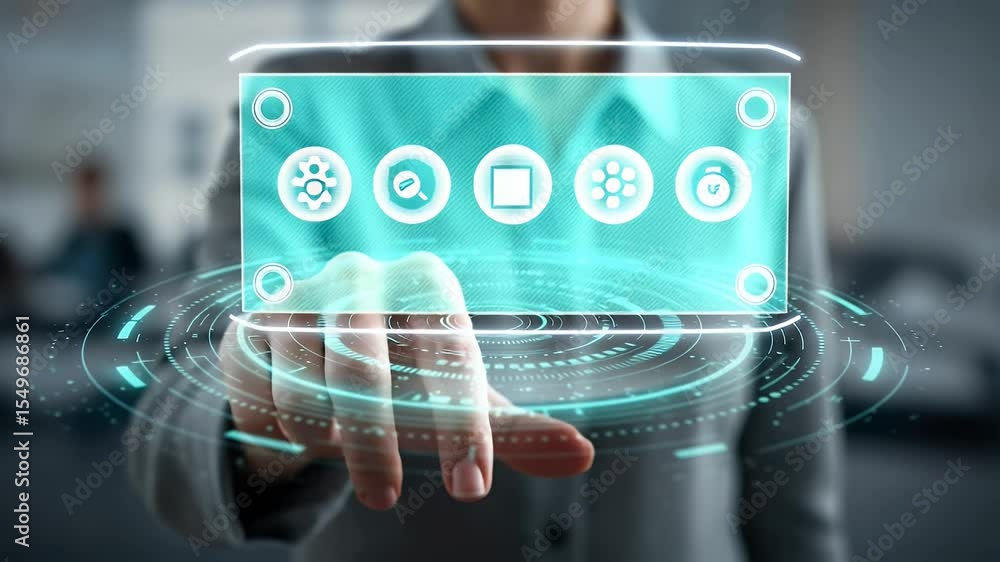 Poster person interacting with a holographic interface displaying various app icons
