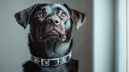A beautiful black dog gazes thoughtfully out of a window, showcasing its intelligent expression and glossy coat, embodying companionship and loyalty in a serene indoor setting.