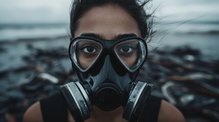 This powerful image features a woman wearing a gas mask by the ocean, creating a haunting atmosphere that reflects the themes of environmental concerns and human resilience.