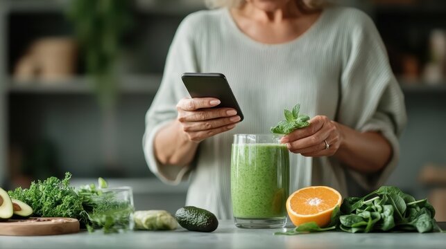 A woman prepares a vibrant green smoothie in a cozy kitchen setting, highlighting fresh ingredients and the health-conscious lifestyle of blending vitality and flavor.