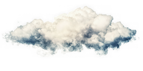 Isolated fluffy cloud with white and gray hues floating in the dark sky on transparent background