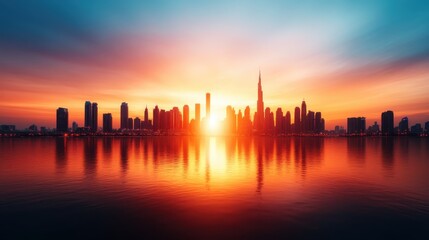 Fototapeta premium An awe-inspiring view of a city skyline silhouetted against a vibrant sunset, with the golden light reflecting on the tranquil water surface, evoking a sense of calm and wonder.