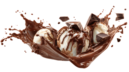 A chocolate ice cream cone with chocolate sauce and chocolate chips