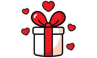 A charming cartoon illustration of a white gift box adorned with a vibrant red ribbon and bow surrounded by floating red hearts isolated on white background