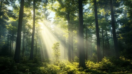 Obraz premium A stunning photo realistic portrayal of a lush green forest, with sunlight filtering through tall trees, creating a serene natural landscape.