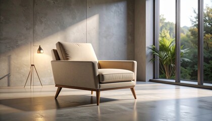 Fototapeta premium Sleek low-profile lounge chair in matte beige upholstery, placed on smooth concrete under soft ambient lighting. 