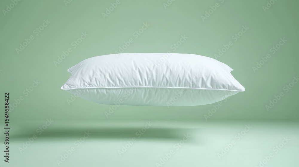 Poster soft, white pillow floating above a serene green background creating a calming and minimalistic atmo