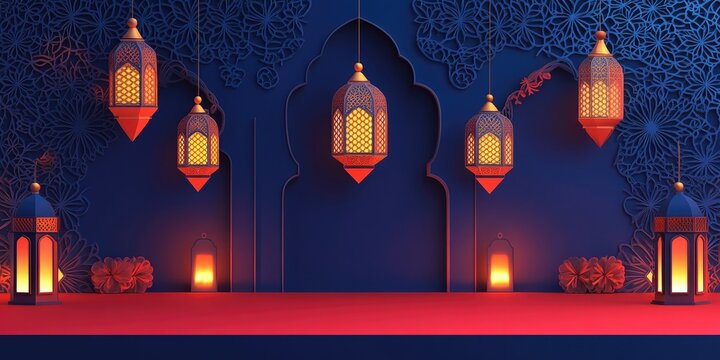 Intricate Islamic-style lanterns, deep blue and red backdrop