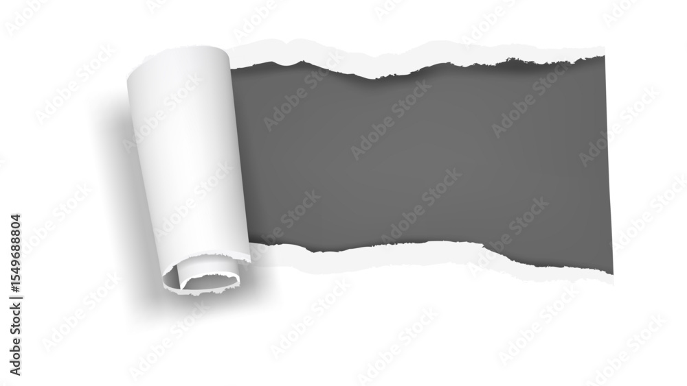 Poster torn white page revealing grey: a dynamic paper peel with a rolled edge, exposing a dark background 