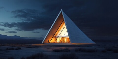 Modern triangular home at twilight in a desert landscape