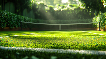 Obraz premium Bright green tennis court with well-maintained grass and soft sunlight illuminating the scene in a tranquil garden setting