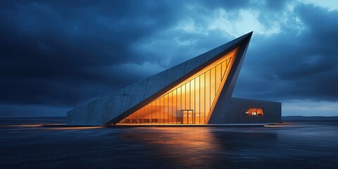 Modern, triangular building at twilight