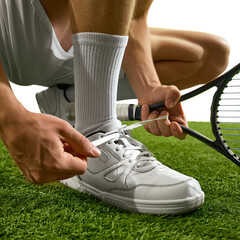 A tennis player ties sneakers on a grass court, holding a racket and preparing for a match. Concept...