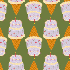 Seamless vector pattern with hand-drawn lavender bento cake cones decorated with cherries, bows and candles. Chalk crayon style, perfect for packaging, kids party goods and stationery.