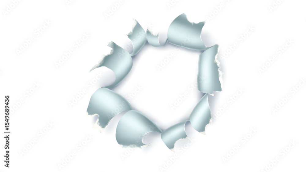 Poster shredded paper portal: a dynamic circular tear with peeling edges, creating an intriguing gateway fo