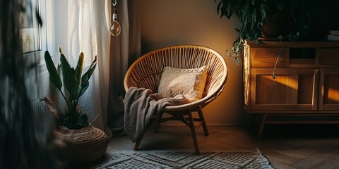 Warm and inviting reading nook with a comfortable wicker lounge chair, soft lighting, and cozy blanket and pillow.
