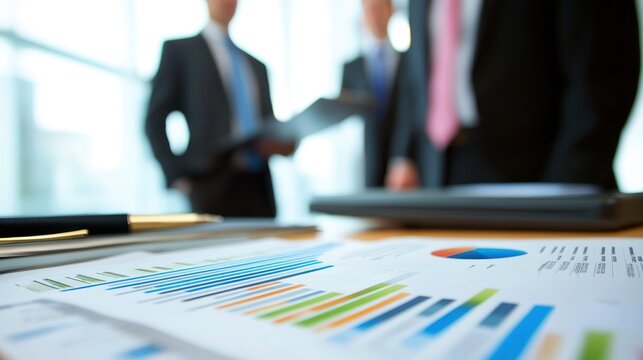 Three business professionals in a meeting, discussing financial data on a table with charts and graphs in the foreground. - Powered by Adobe