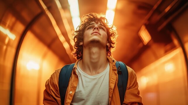 A young traveler gazes upwards in a vibrant underground tunnel illuminated by bright lights, capturing the spirit of exploration and adventure in urban environments. - Powered by Adobe