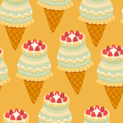 Cute vector seamless pattern with vintage hand-drawn cake ice cream cone topped with strawberries. Chalk crayon style, perfect for packaging, party goods, gift wrap, digital use.