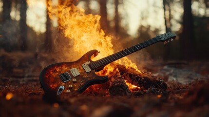 An electric guitar rests against a backdrop of blazing flames in a dense forest, portraying a powerful fusion of music and wild energy in nature.