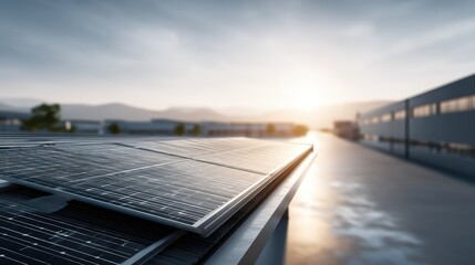 Commercial solar ad with factory roof panels and empty ROI area on a softly blurred industrial park backdrop